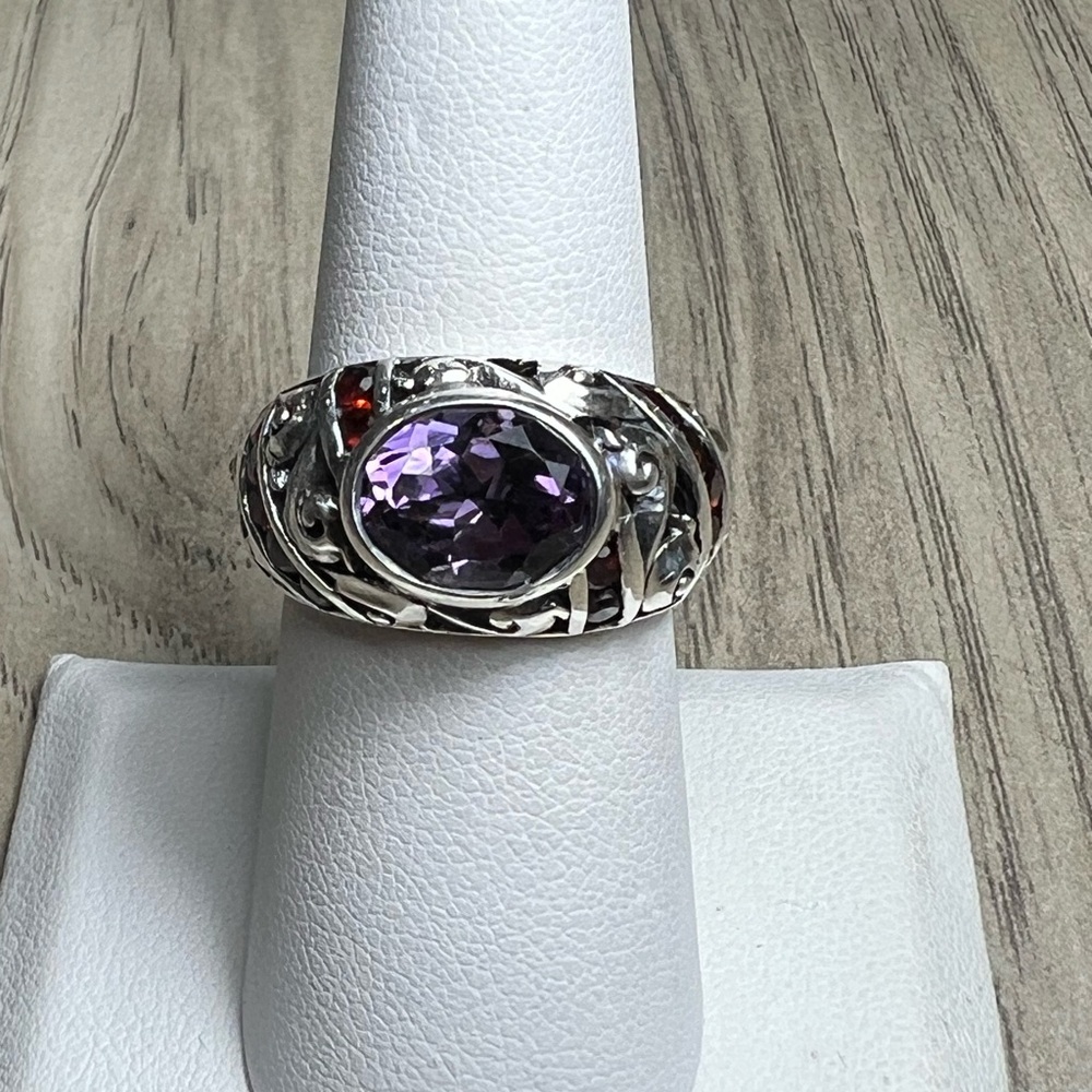 Sterling Silver Amethyst and Garnet Ring Size 8